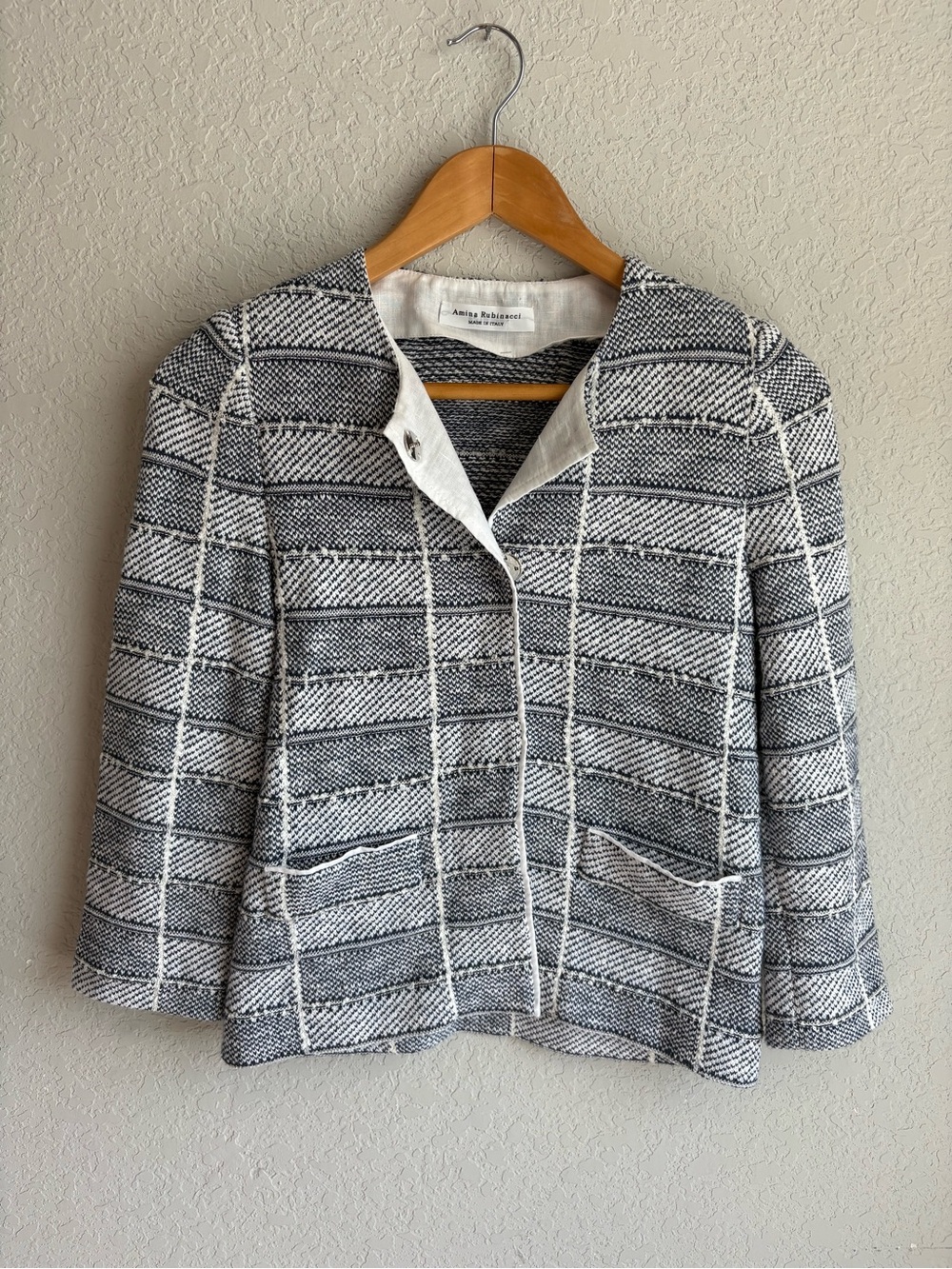 Amina Rubinacci Made in Italy Textured Knit Windowpane Jacket Blazer Size 4
